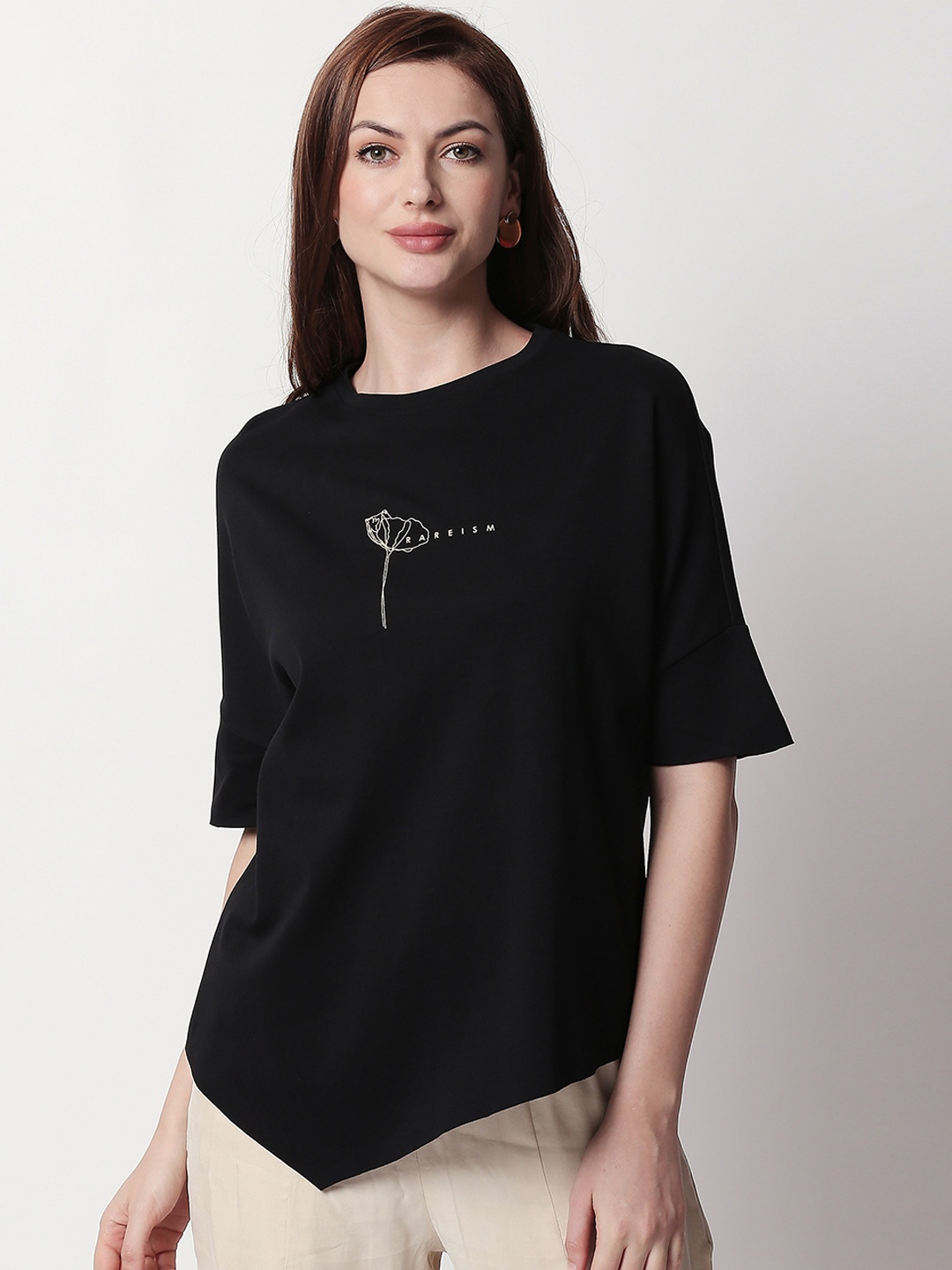 

RAREISM Women Black Solid Pure Cotton Top With Printed Detailing