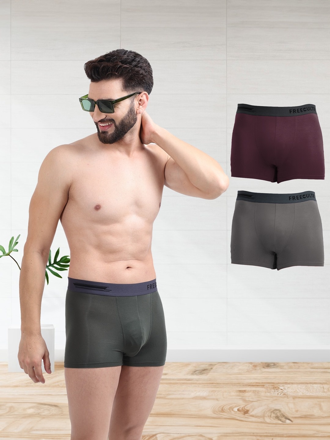 

FREECULTR Men Pack of 3 Solid Anti-Microbial Air-Soft Micromodal Trunks, Olive