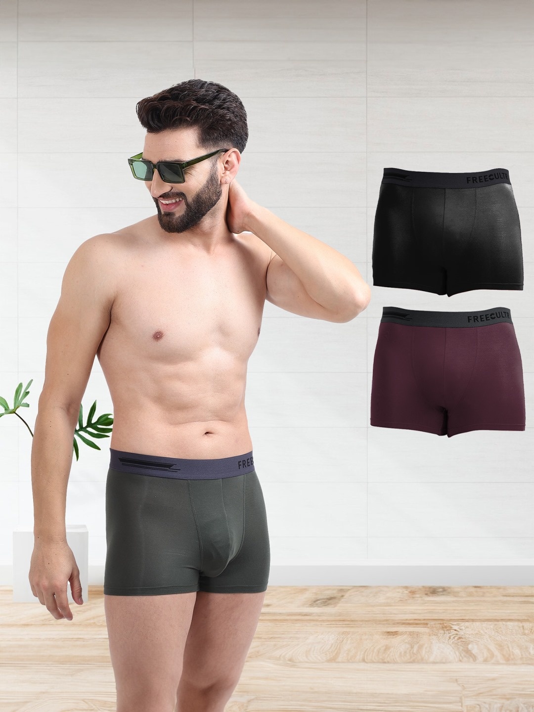 

FREECULTR Men Pack Of 3 Solid Anti-Microbial Air-Soft Micromodal Trunks, Black