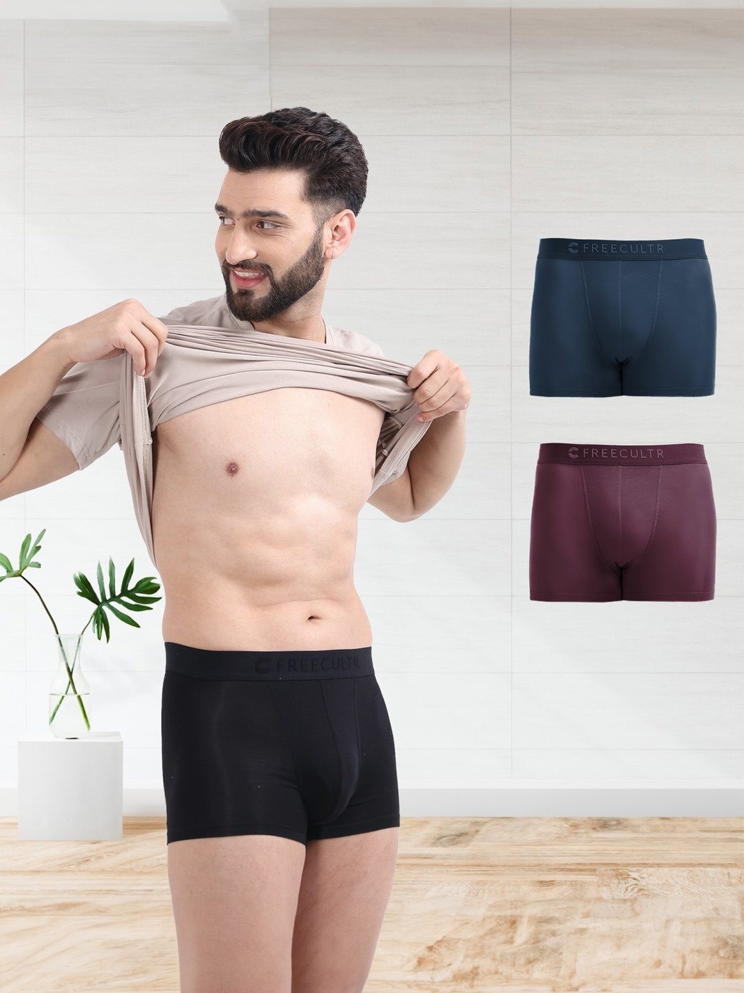 

FREECULTR Men Pack Of 3 Solid Anti-Microbial Air-Soft Micromodal Trunks, Black