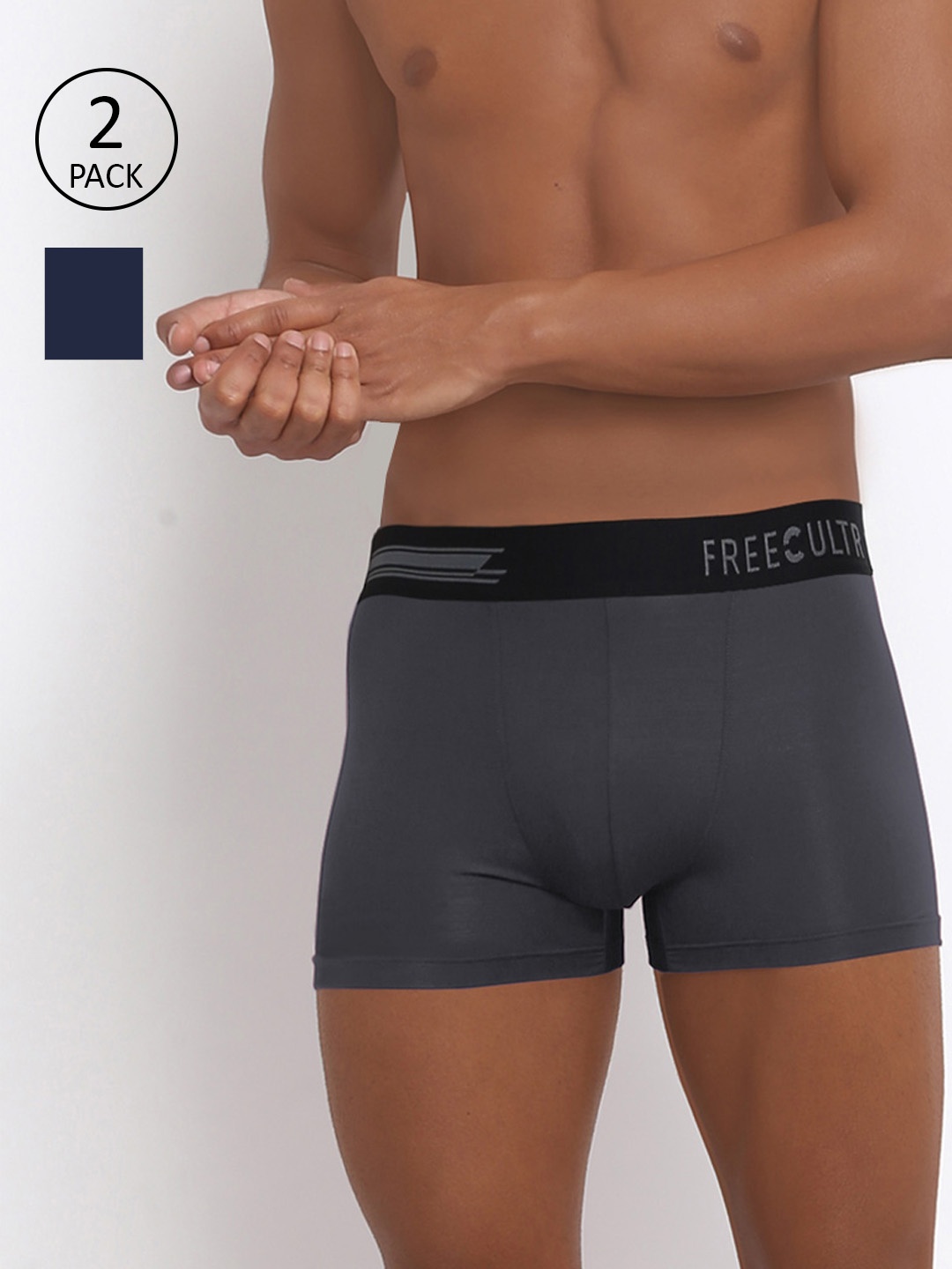 

FREECULTR Men Pack of 2 Solid Anti-Microbial Air-Soft Micromodal Trunks, Navy blue