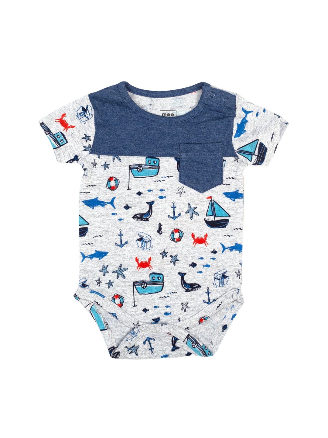 

MeeMee Infant Boys Grey Melange & Blue Printed Bodysuit