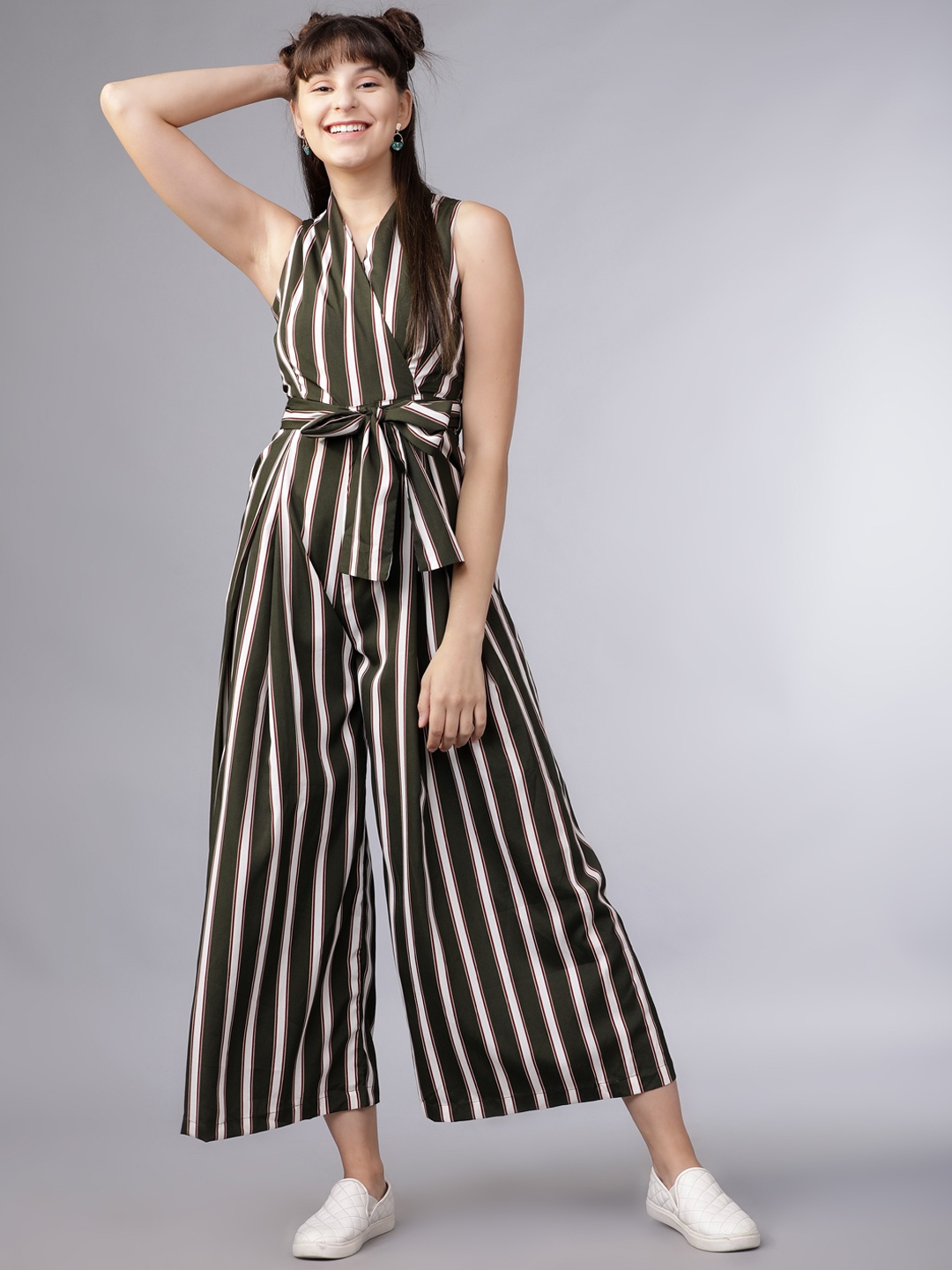 

Tokyo Talkies Women Olive Green & White Striped Culotte Jumpsuit