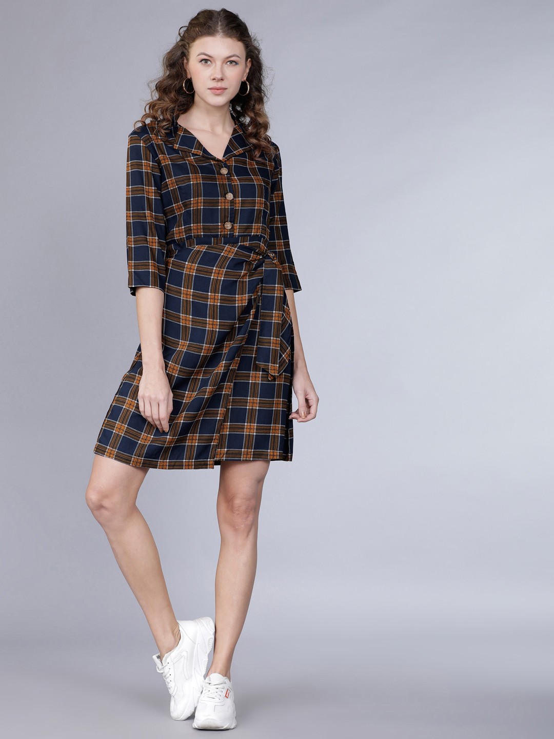 

Tokyo Talkies Women Navy Blue & Mustard Yellow Checked Shirt Dress