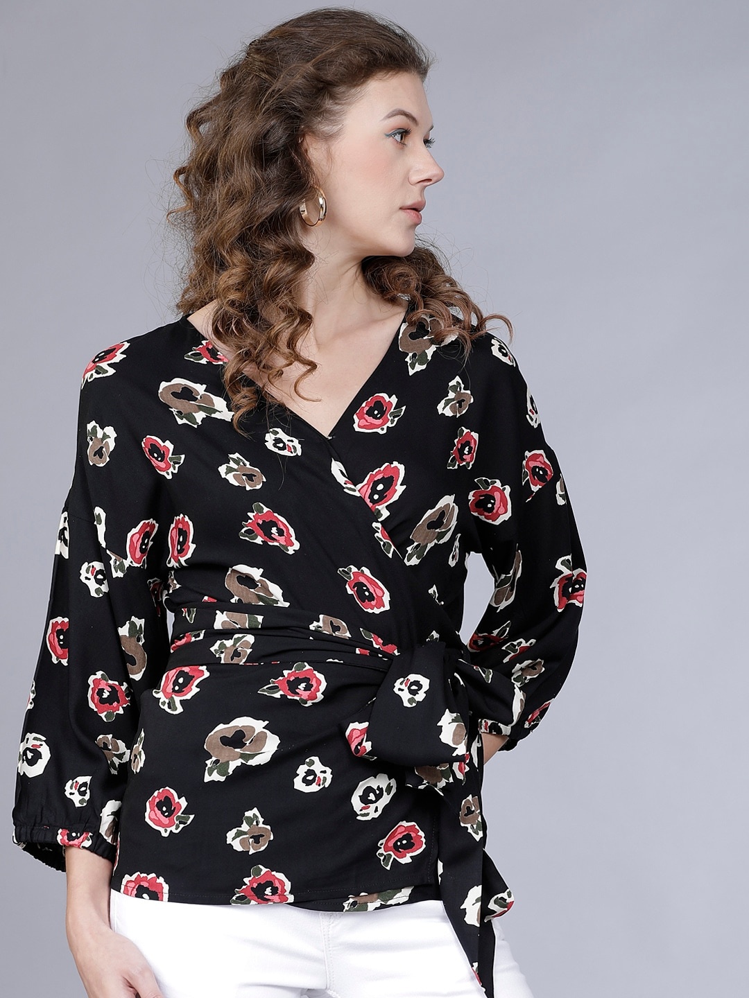 

Tokyo Talkies Women Black Printed Wrap Top