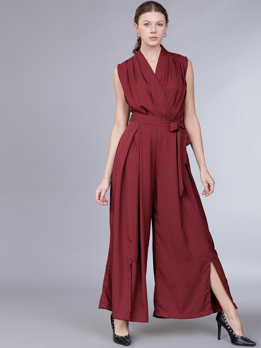 

Tokyo Talkies Women Maroon Solid Basic Wrap Jumpsuit