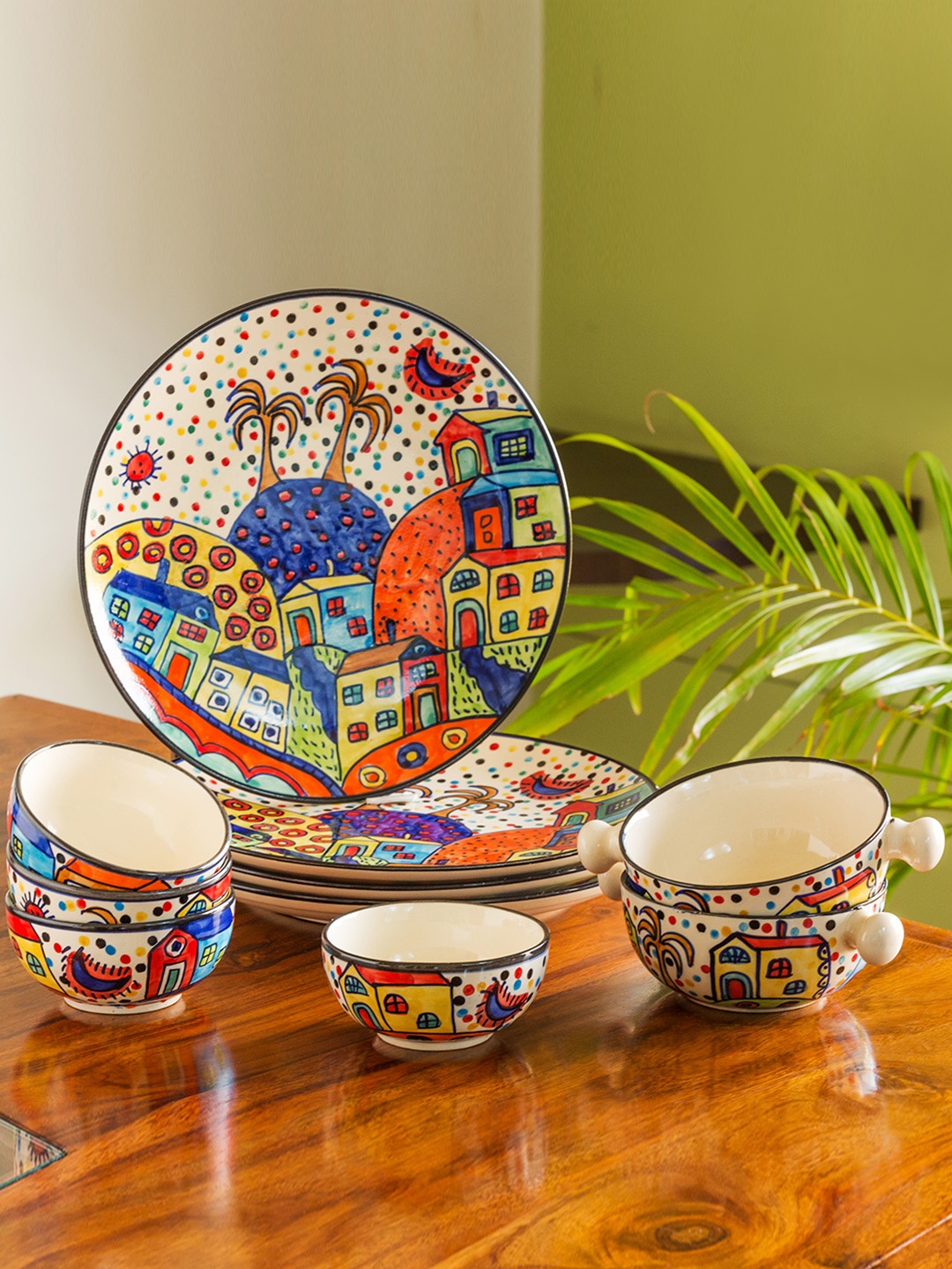 

ExclusiveLane Set Of 10 Hand-Painted Ceramic Dinner Plates With Serving Bowls, Multi