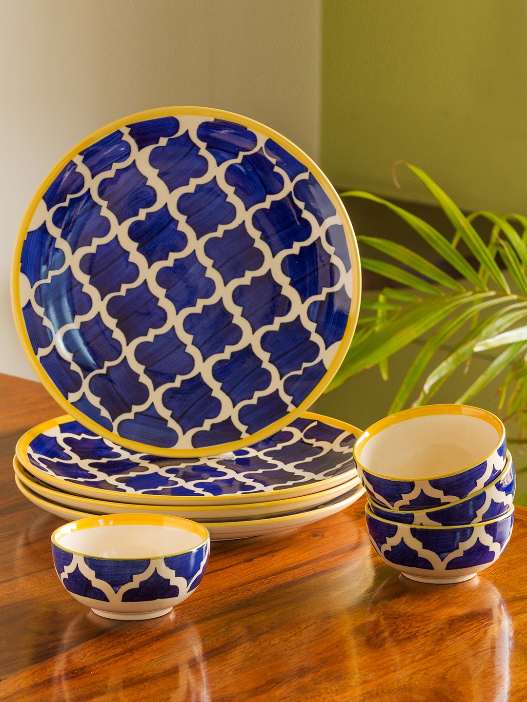 

ExclusiveLane Blue & White Set Of 8 Hand-Painted Ceramic Dinner Plates With Bowls
