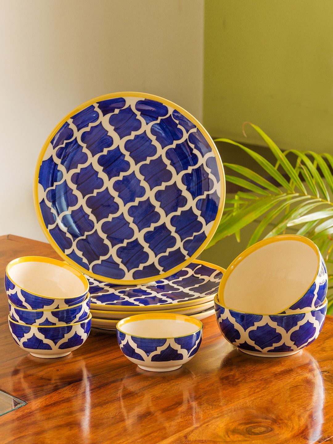 

ExclusiveLane Blue & White Set Of 10 Hand-Painted Ceramic Dinner Plates With Serving Bowls