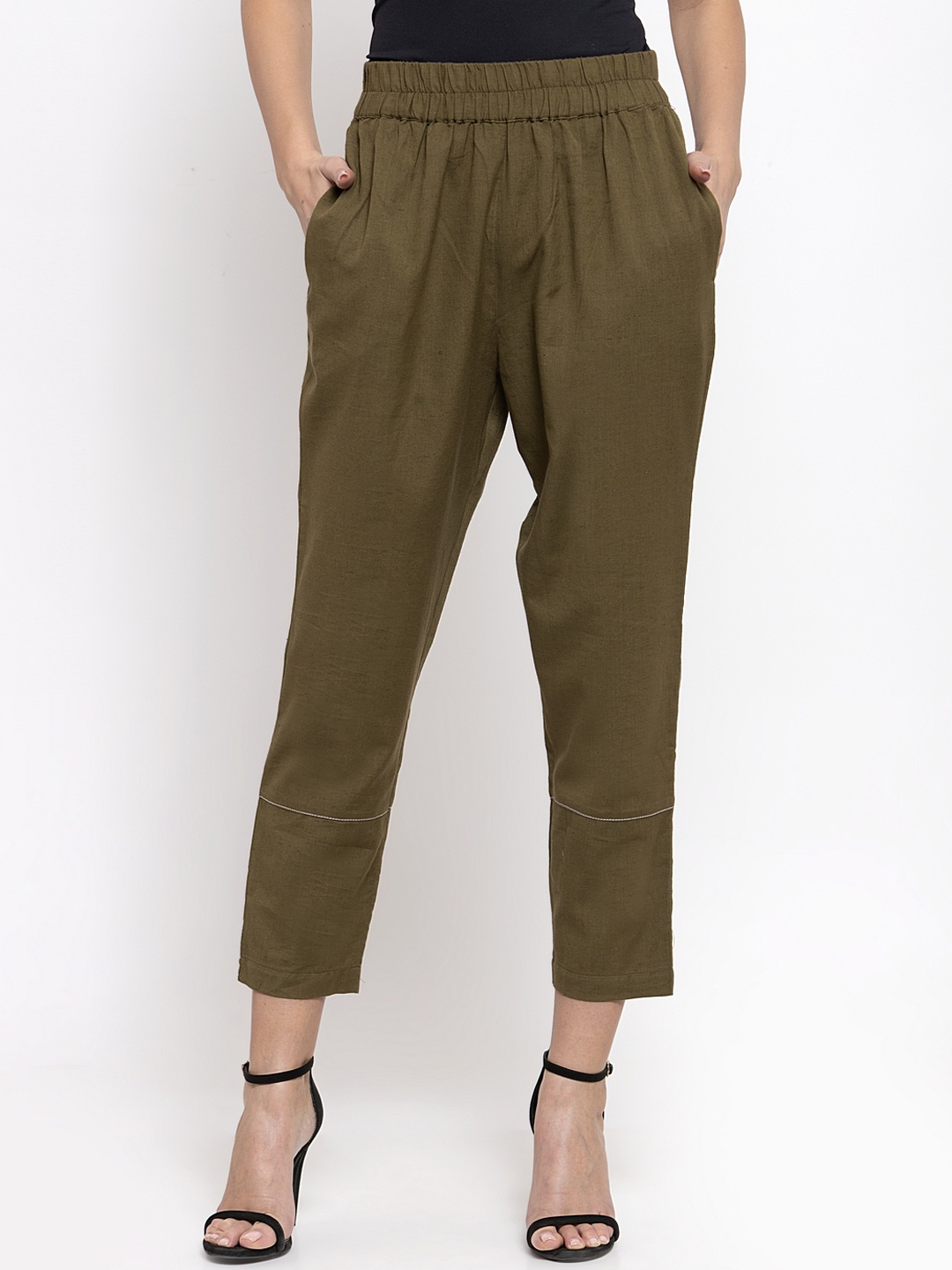 

THE SILHOUETTE STORE Women Olive Green Slim Fit Solid Peg Trousers