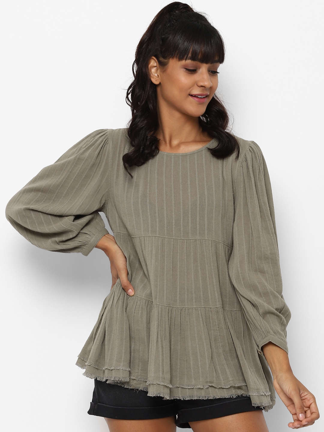 

AMERICAN EAGLE OUTFITTERS Women Olive Green Self-Striped A-Line Top with Pleated Detail