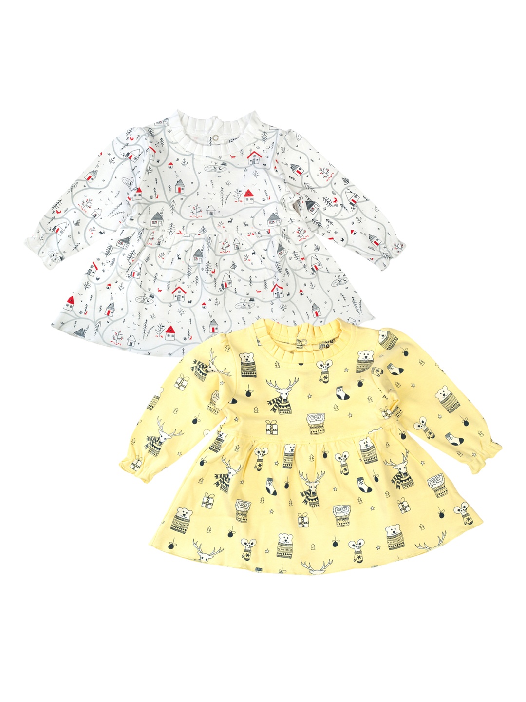 

MeeMee Girls Pack Of 2 White & Yellow Printed Fit and Flare Dress