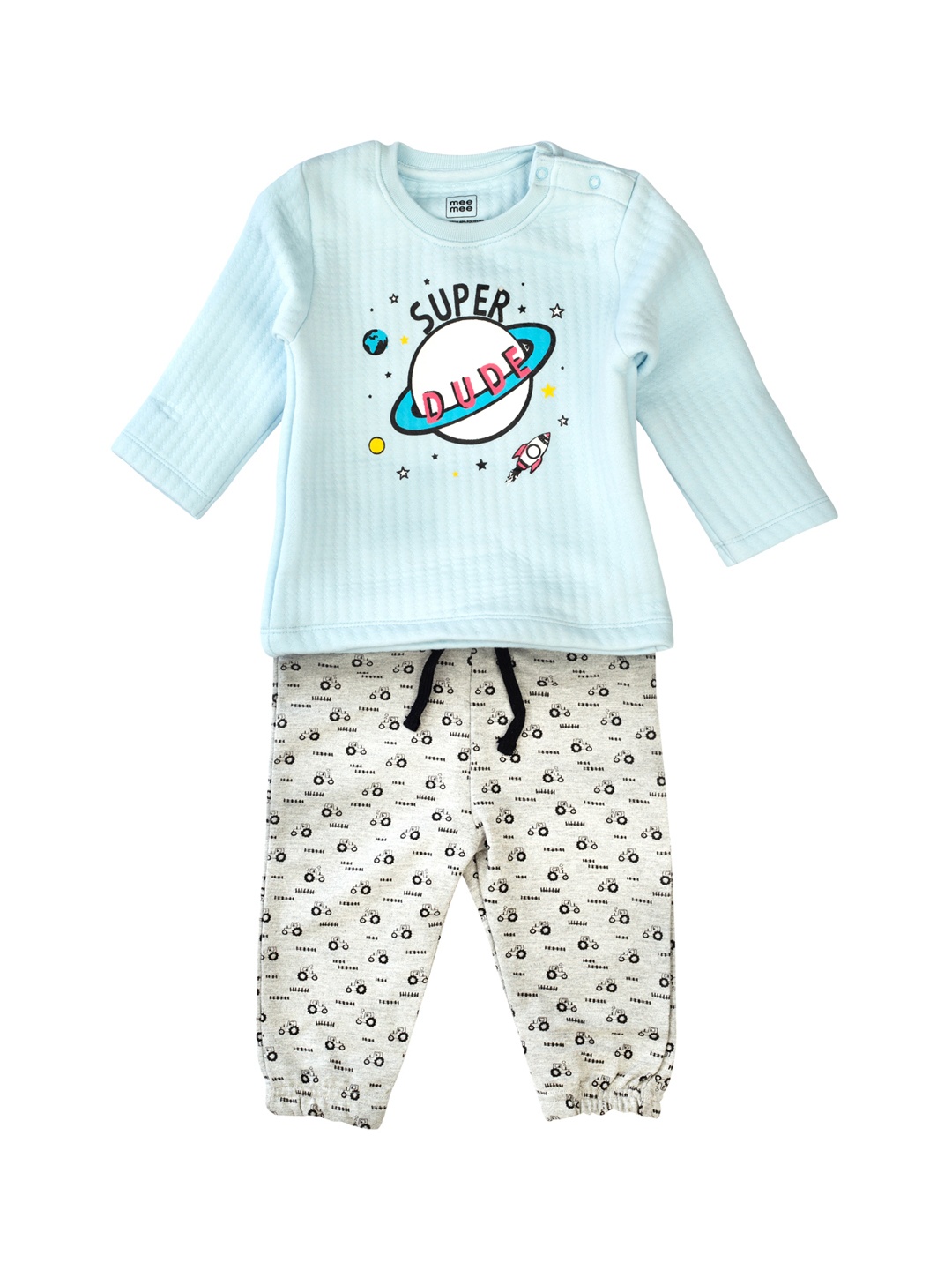 

MeeMee Boys Blue & Grey Melange Printed Top with Pyjamas