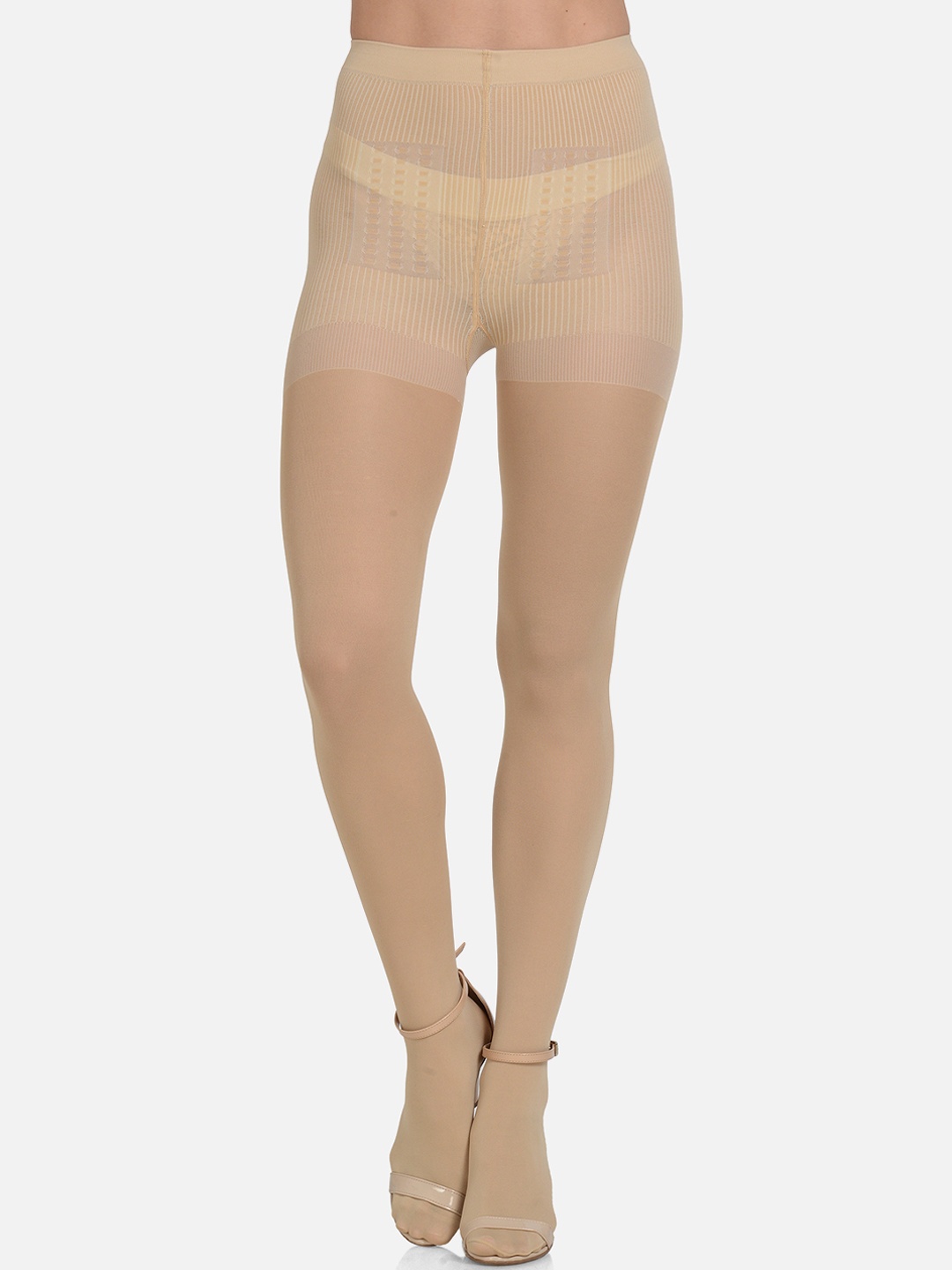 

mod & shy Women Beige Solid Semi-Sheer Thigh-High Pantyhose Stockings