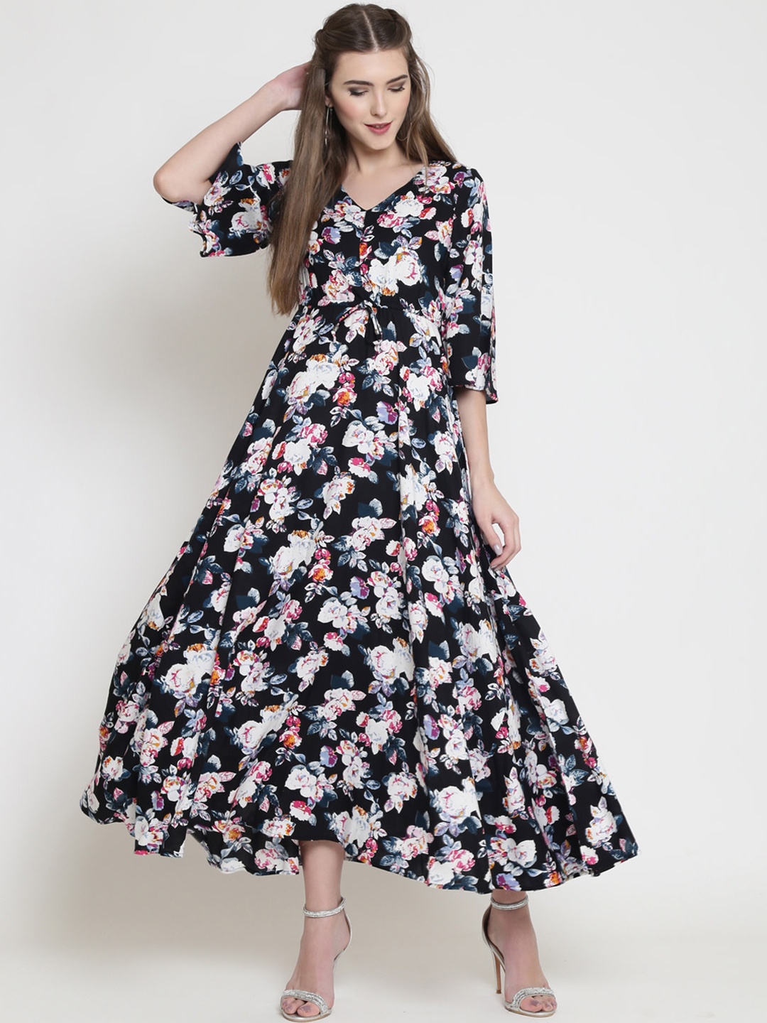 

Sera Women Black Floral Print Fit and Flare Maxi Dress