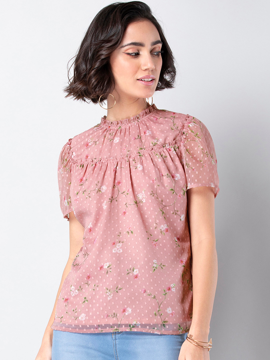 

FabAlley Women Pink & Red Printed Top with Gathers