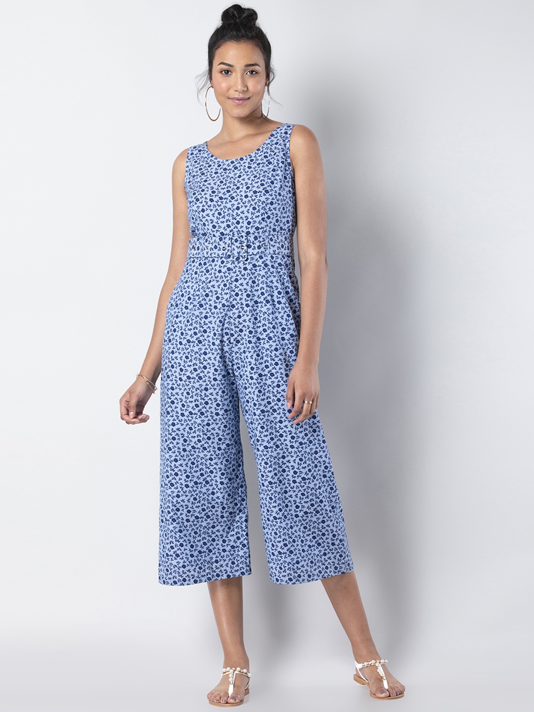

FabAlley Women Blue Printed Culotte Chambray Belted Jumpsuit