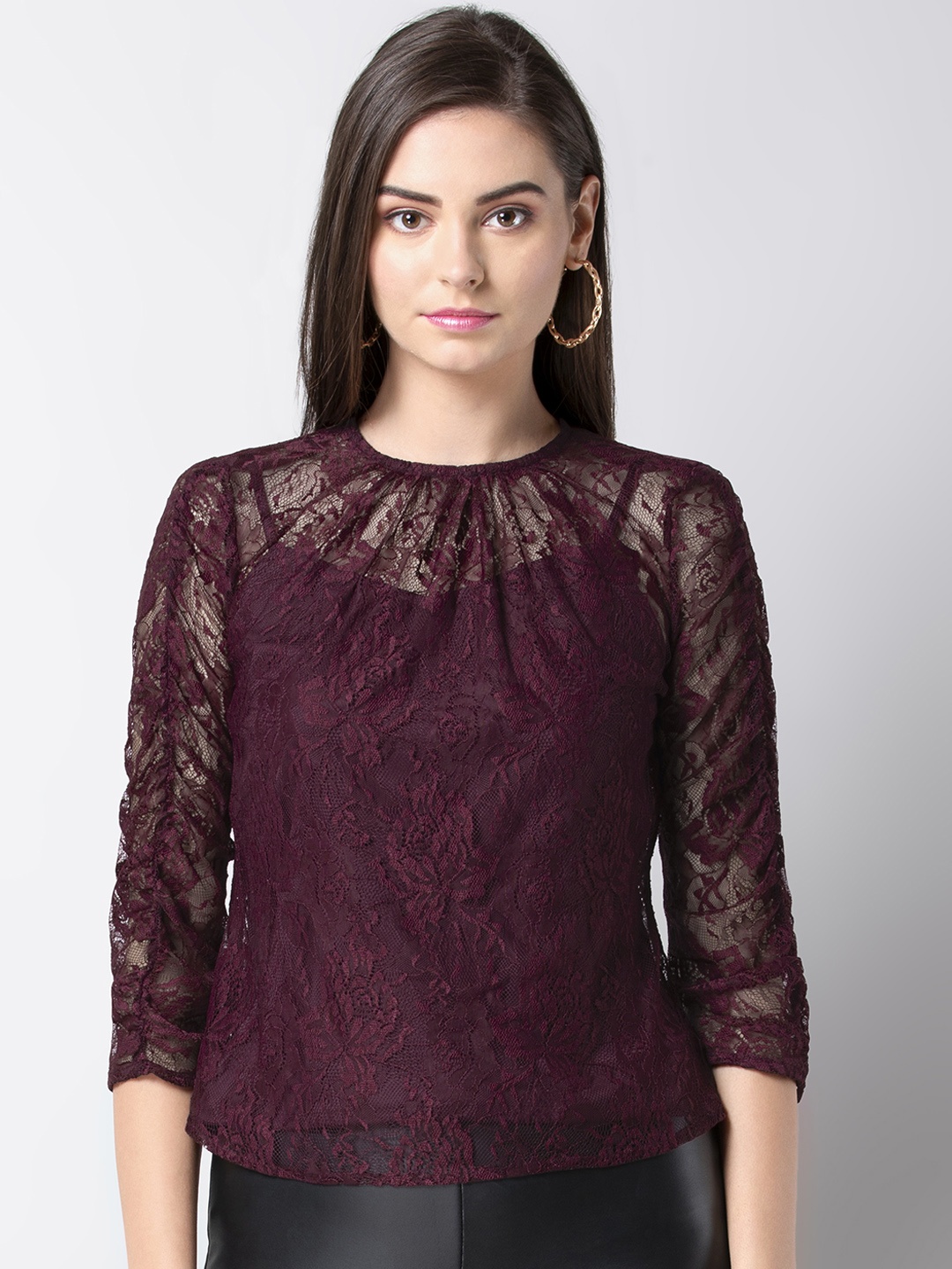 

FabAlley Women Maroon Self Design Top