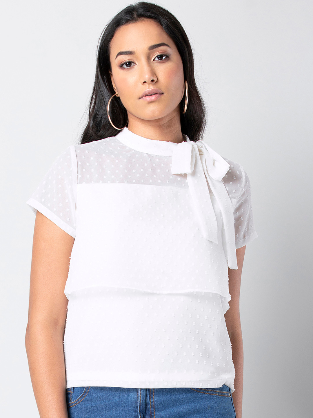 

FabAlley Women White Self Design Tie Neck Tiered Top