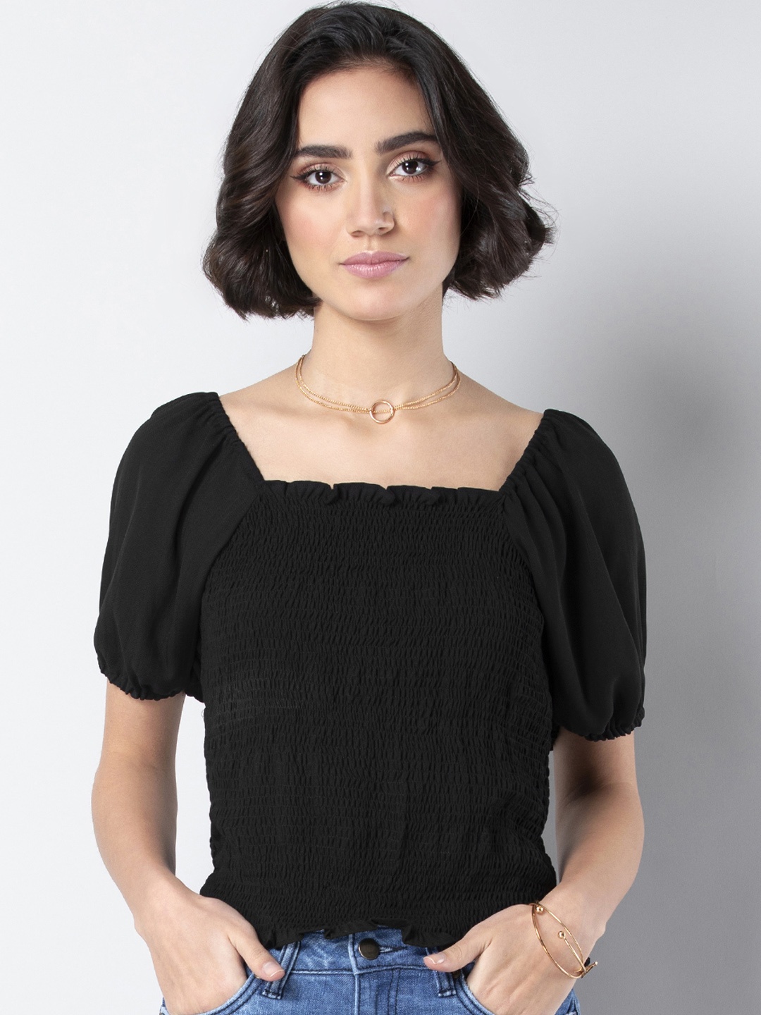 

FabAlley Women Black Solid Peasant Top