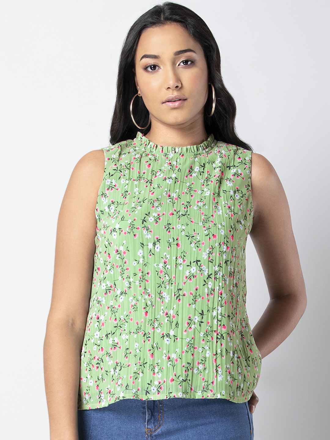

FabAlley Women Green & White Floral Printed Top