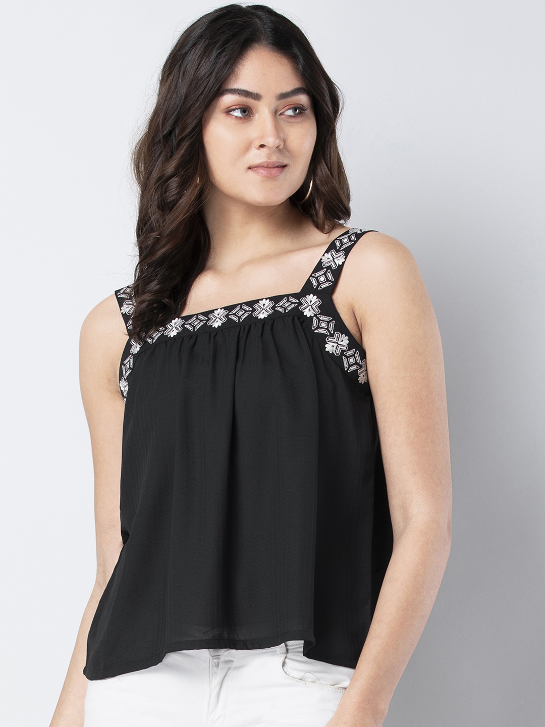 

FabAlley Women Black Embroidered A-Line Top