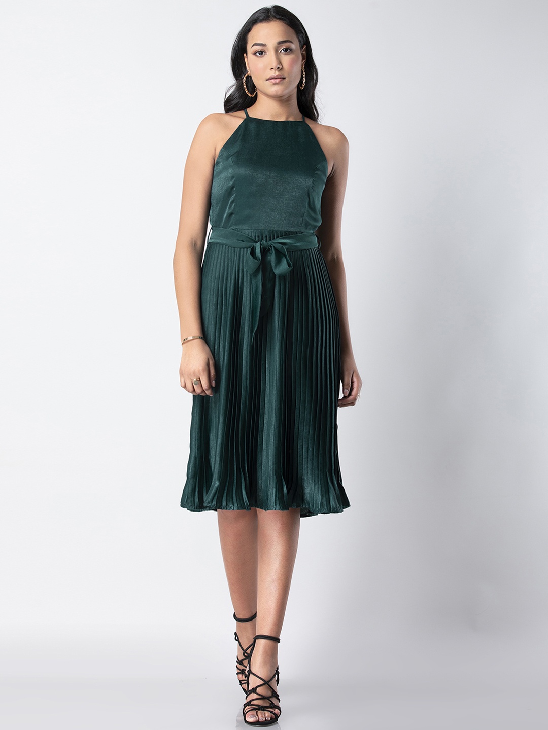 

FabAlley Women Bottle Green Solid Fit and Flare Dress