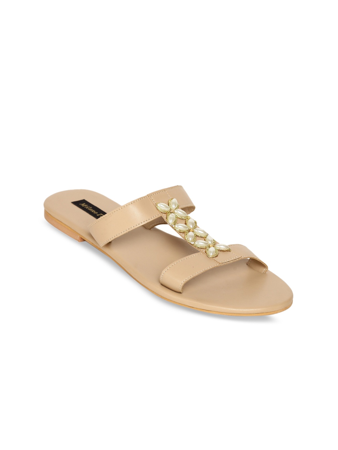 

Milano Torre Women Beige Embellished PU Open Toe Flats