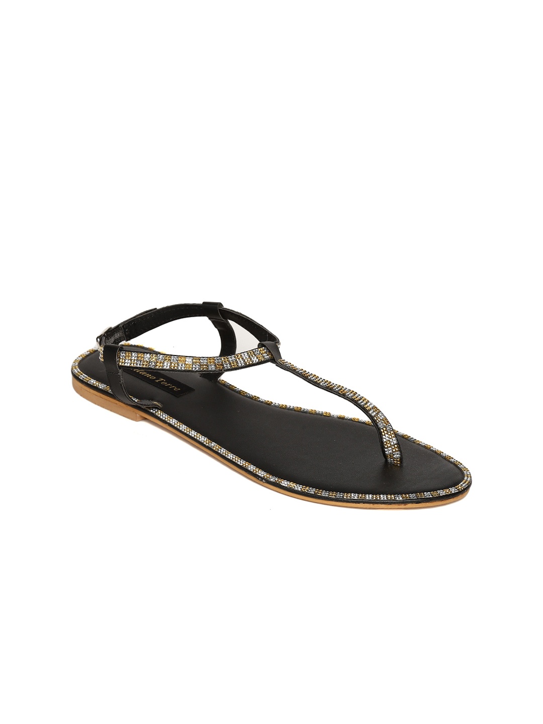 

Milano Torre Women Black Embellished PU T-Strap Flats