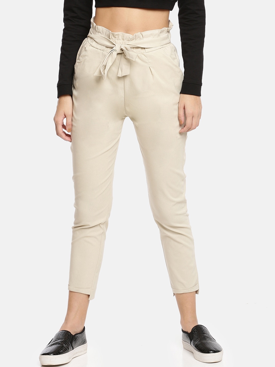 

GOLDSTROMS Women Beige Slim Fit Solid Regular Cropped Trousers