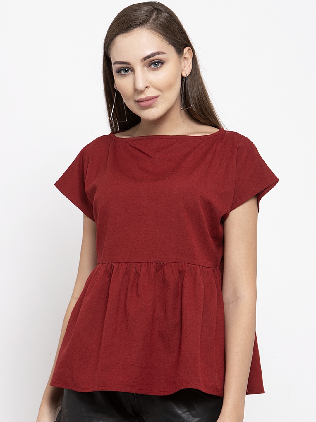 

THE SILHOUETTE STORE Women Maroon Solid Pure Cotton Top