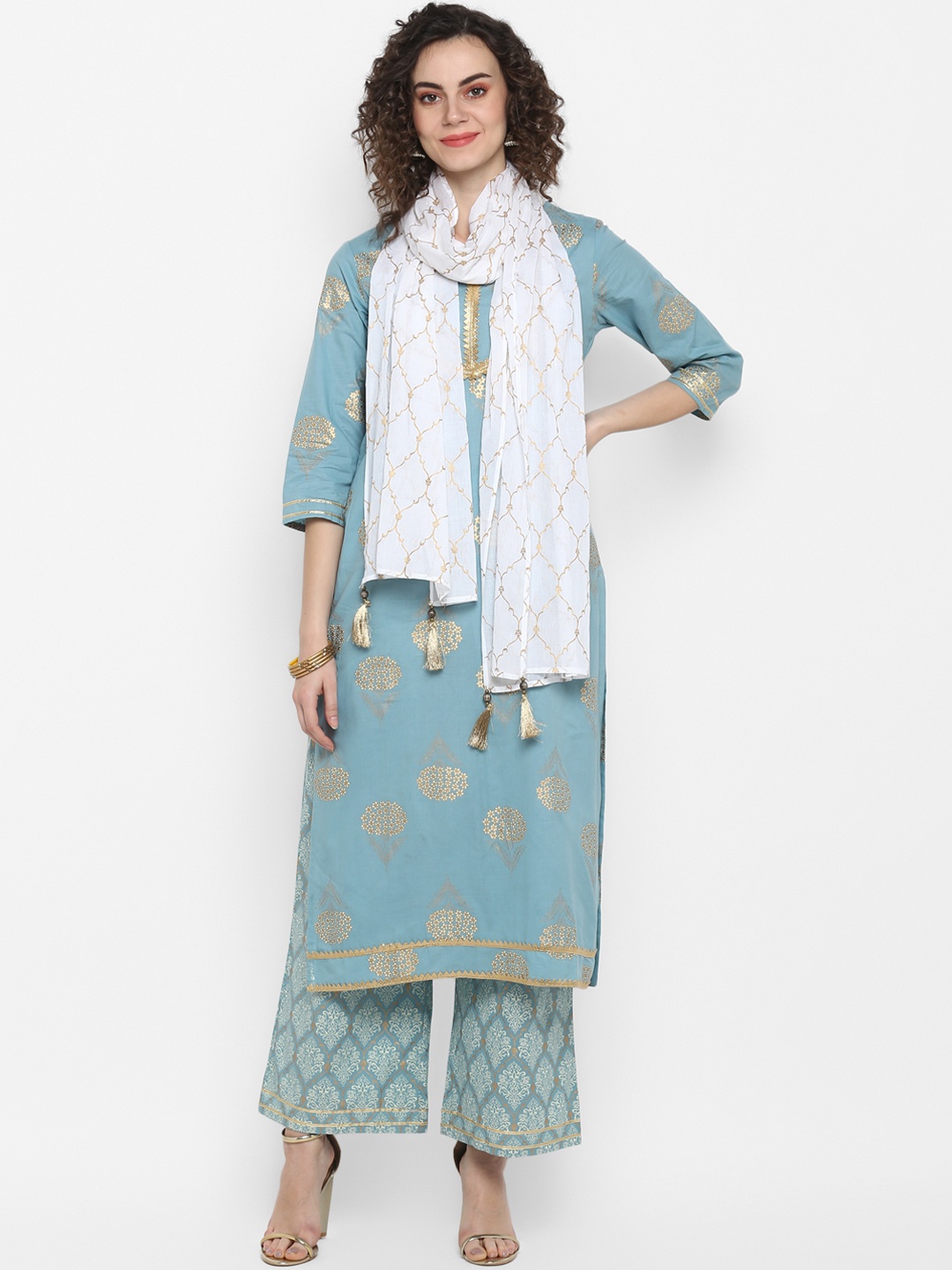 

Janasya Women Blue & Gold-Toned Printed Kurta with Palazzos & Dupatta