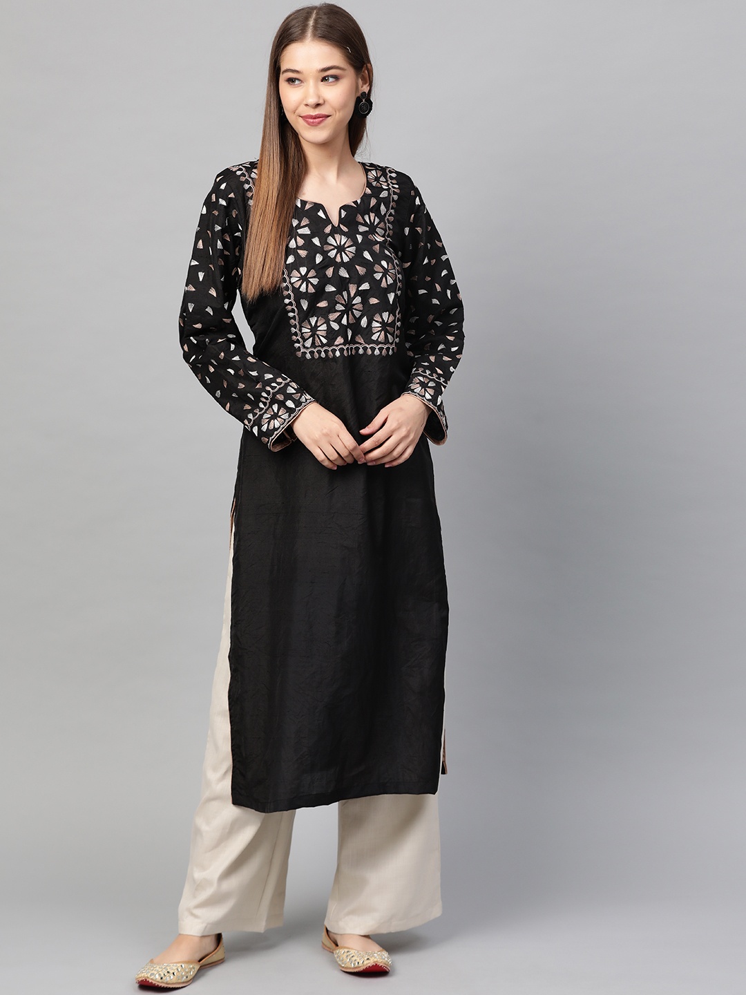 

Laado - Pamper Yourself Women Black & White Yoke Design Straight Kurta