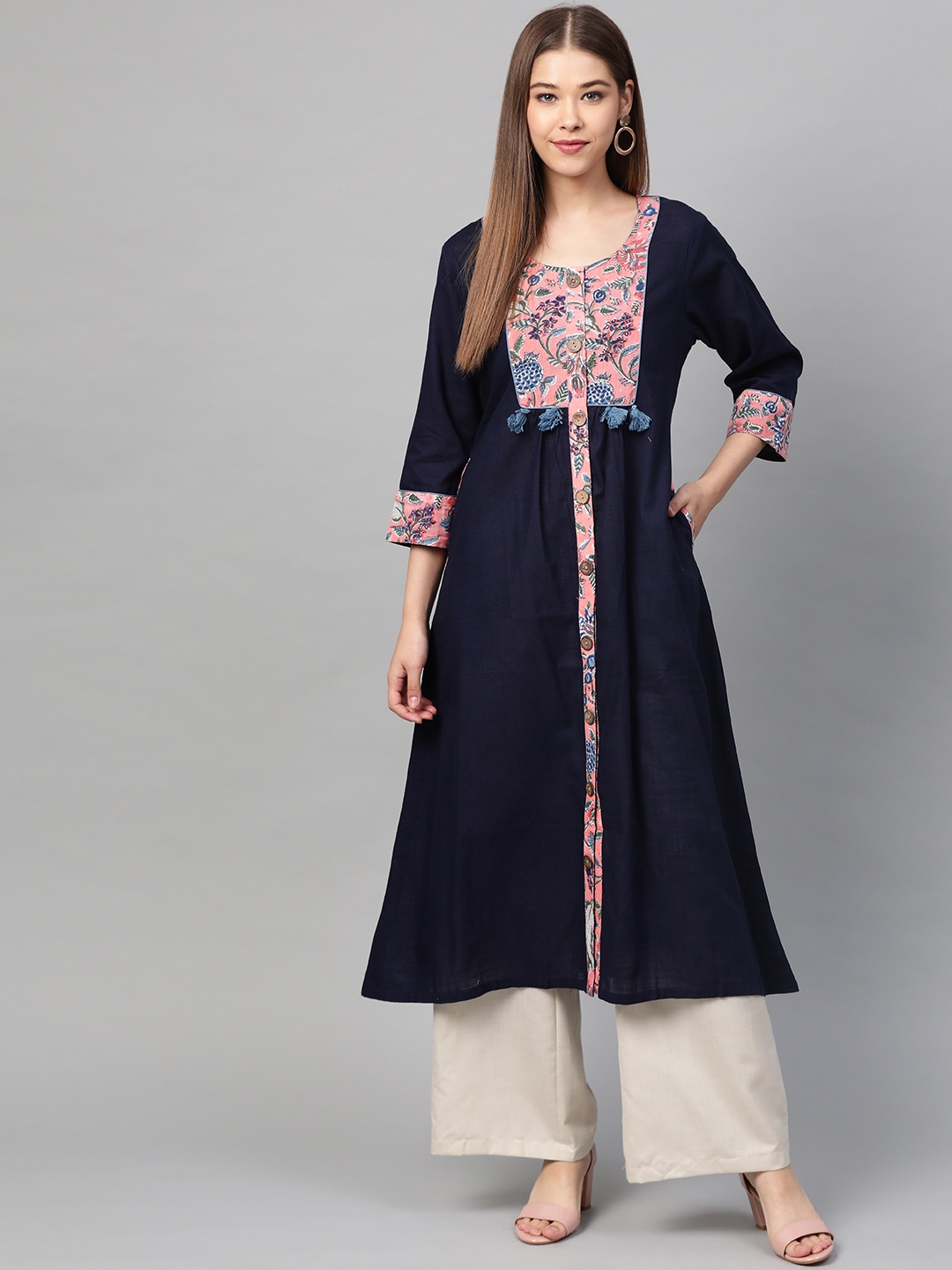 

Laado - Pamper Yourself Women Navy Blue & Coral Pink Handblock Print A-Line Sustainable Kurta