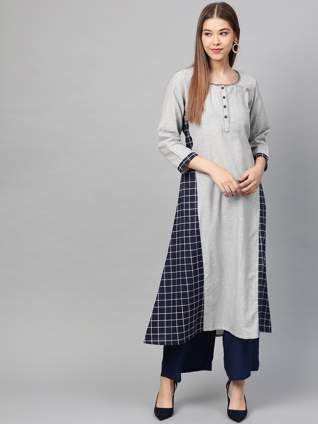 

Laado - Pamper Yourself Women Grey & Navy Blue Checked A-Line Sustainable Kurta