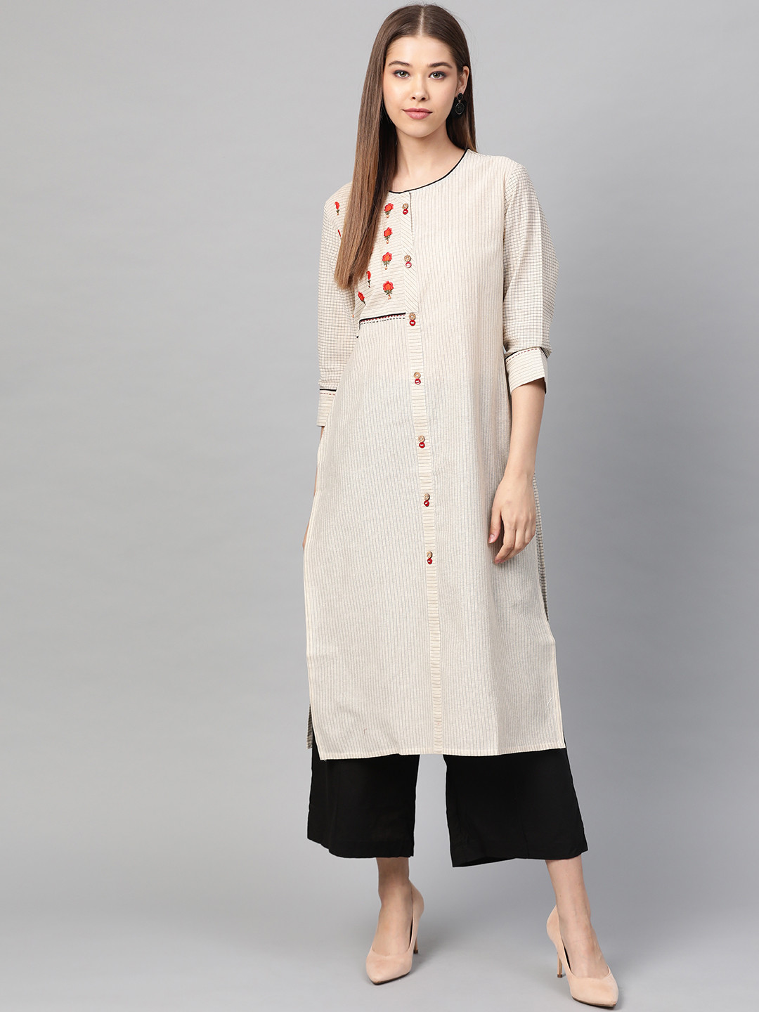 

Laado - Pamper Yourself Women Cream-Coloured & Black Self-Striped Straight Sustainable Kurta