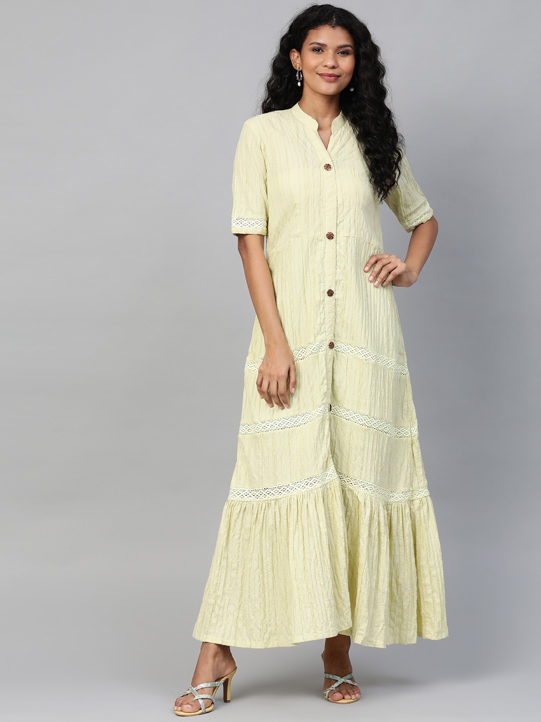 

Laado - Pamper Yourself Women Lime Green Wrinkled Solid Lace Tiered Maxi Dress