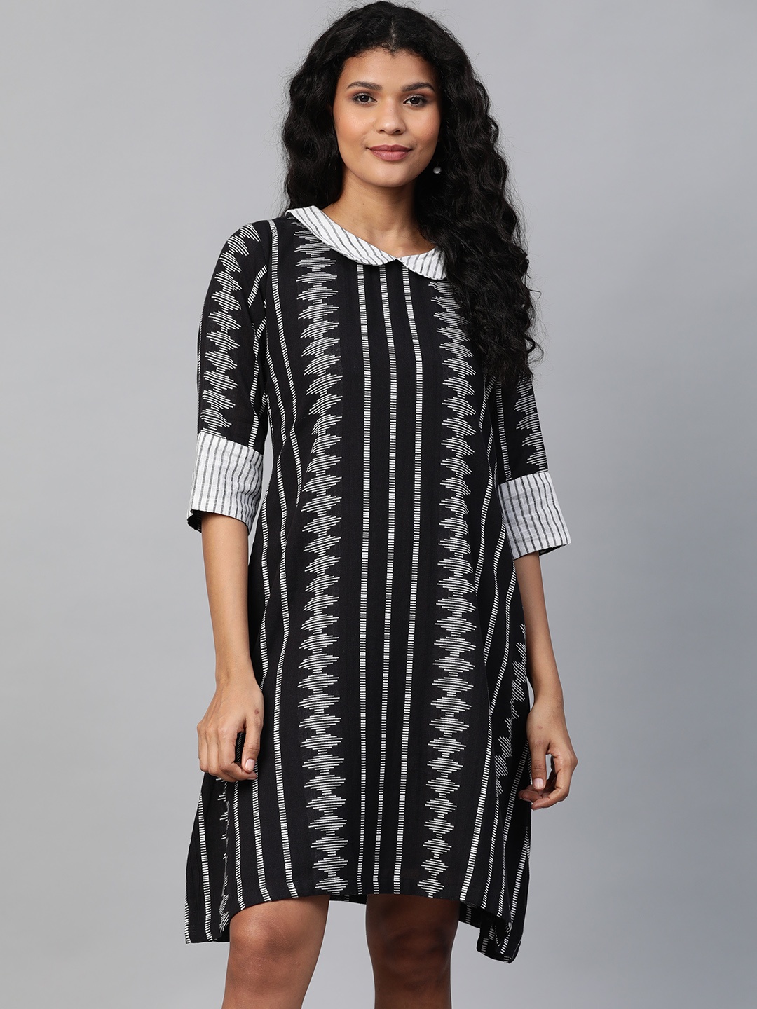 

Laado - Pamper Yourself Women Black & White Ikkat Self-Striped Sustainable A-line Dress