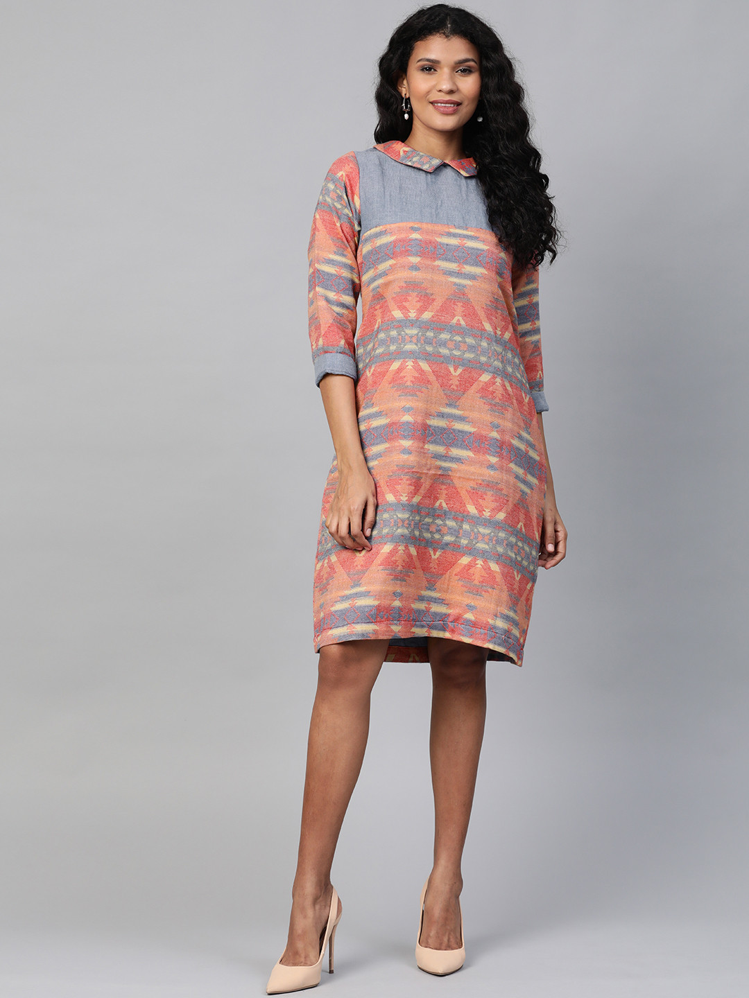 

Laado - Pamper Yourself Women Orange & Blue Ethnic Ikkat Woven Shift Dress