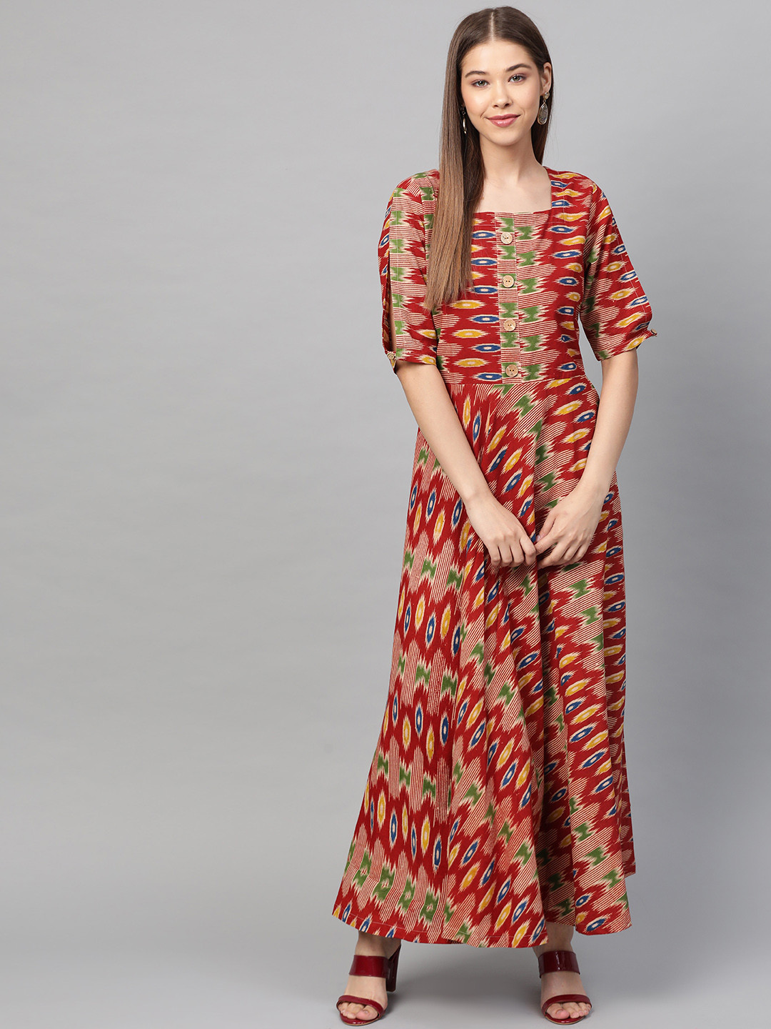 

Laado - Pamper Yourself Women Red & Beige Handcrafted Kalamkari Printed Sustainable Maxi Dress