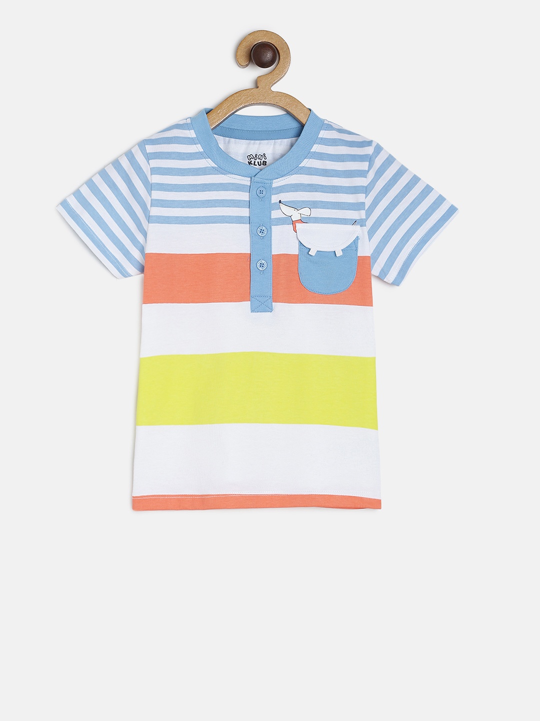 

MINI KLUB Boys Multicoloured Striped Round Neck Pure Cotton T-shirt, Multi