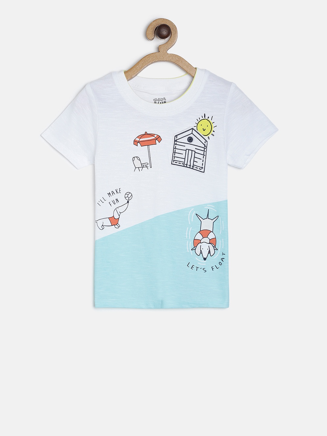 

MINI KLUB Boys White Blue Printed Round Neck Pure Cotton T-shirt