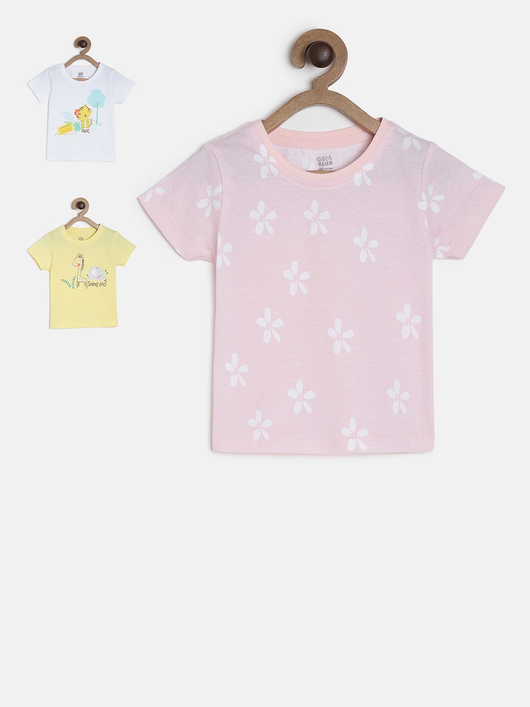 

MINI KLUB Girls Pack Of 3 Pink Printed Round Neck Pure Cotton T-shirt