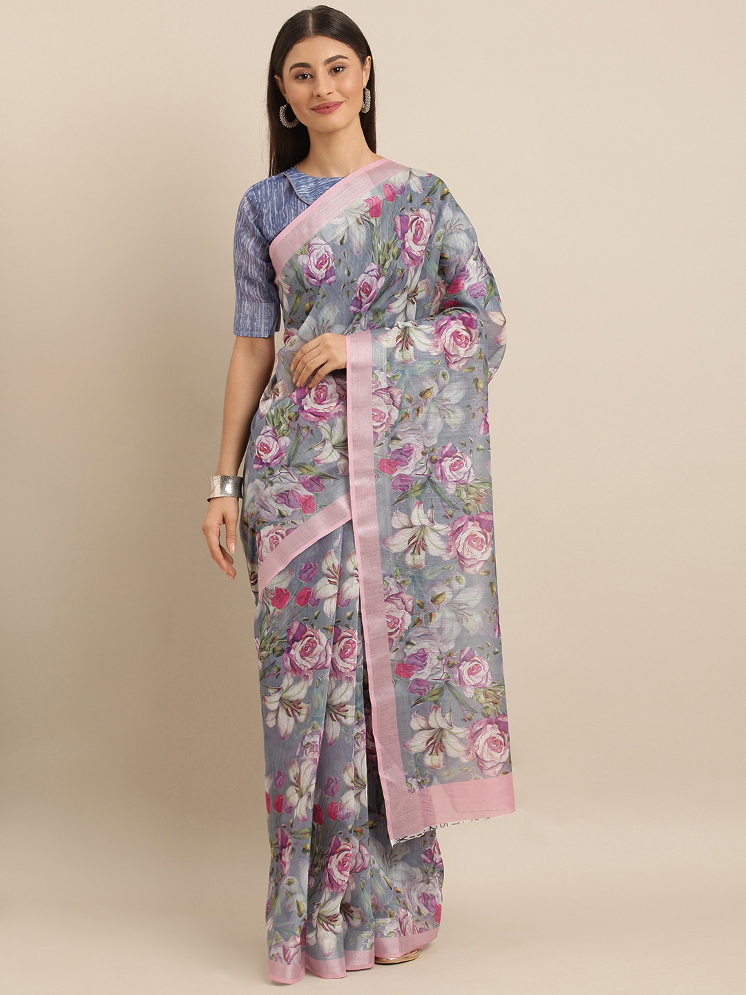 

SHAVYA Grey & Pink Pure Linen Floral Printed Saree