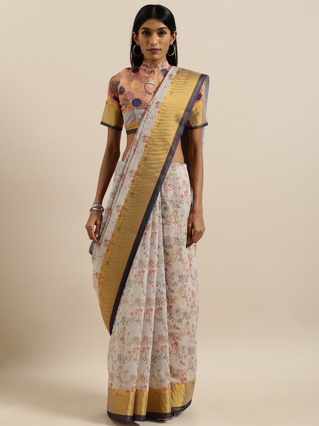 

SHAVYA Beige Printed Pure Linen Saree