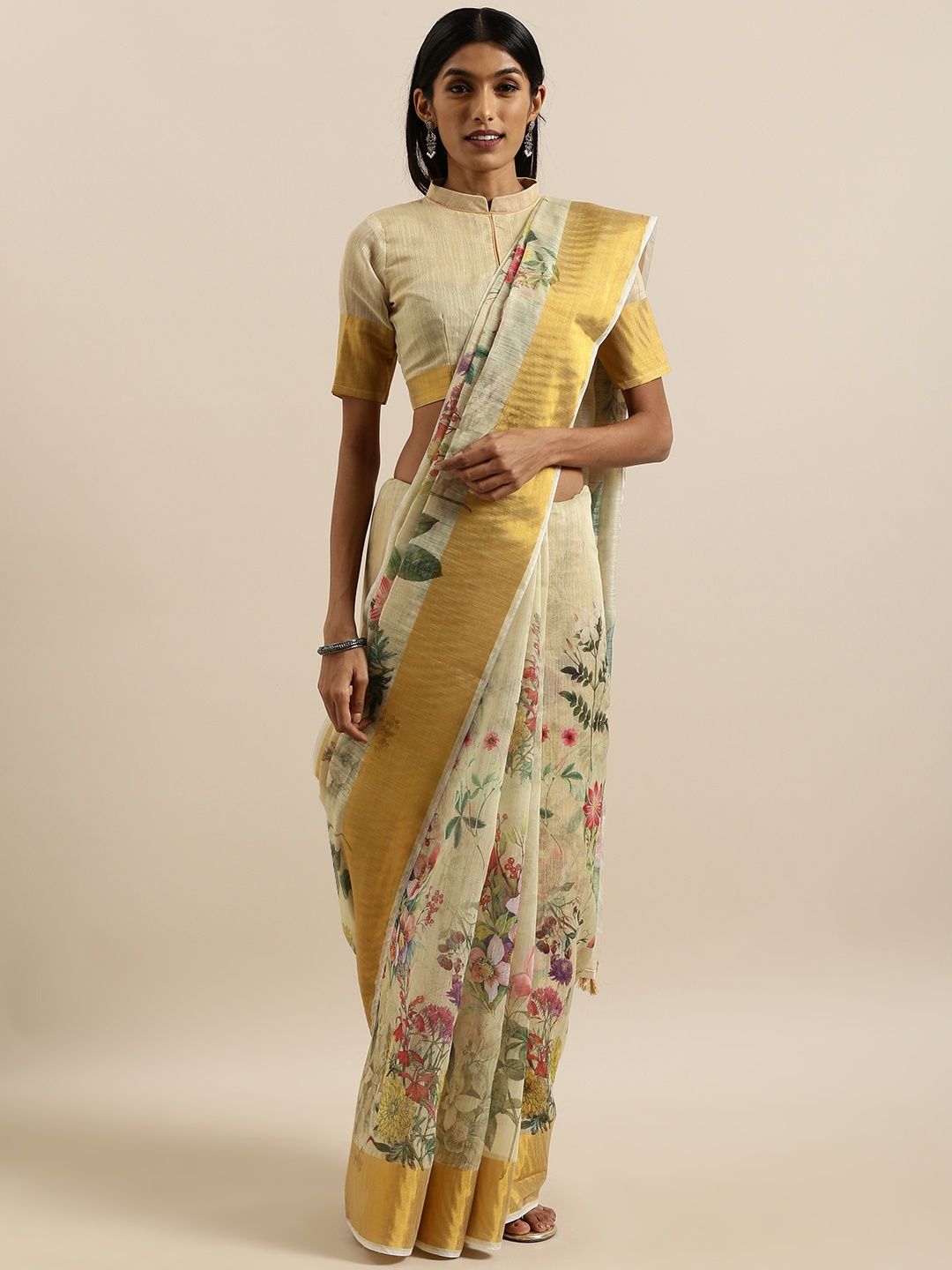 

SHAVYA Beige & Yellow Pure Linen Printed Saree
