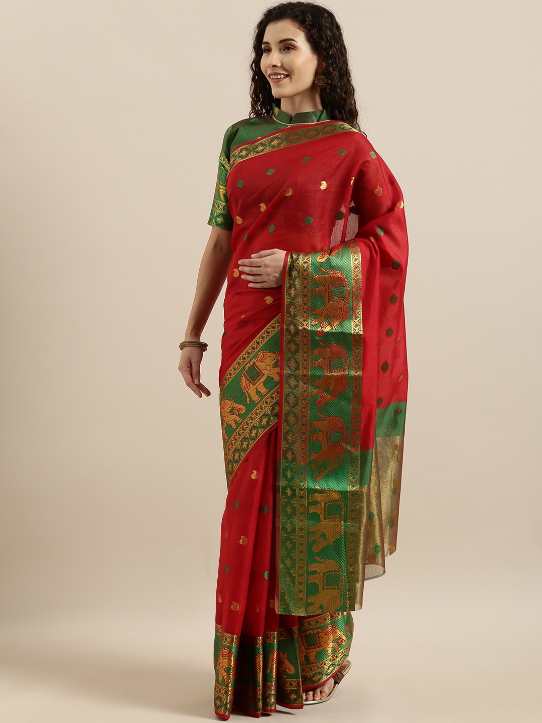 

SHAVYA Maroon & Green Pure Linen Woven Design Banarasi Saree