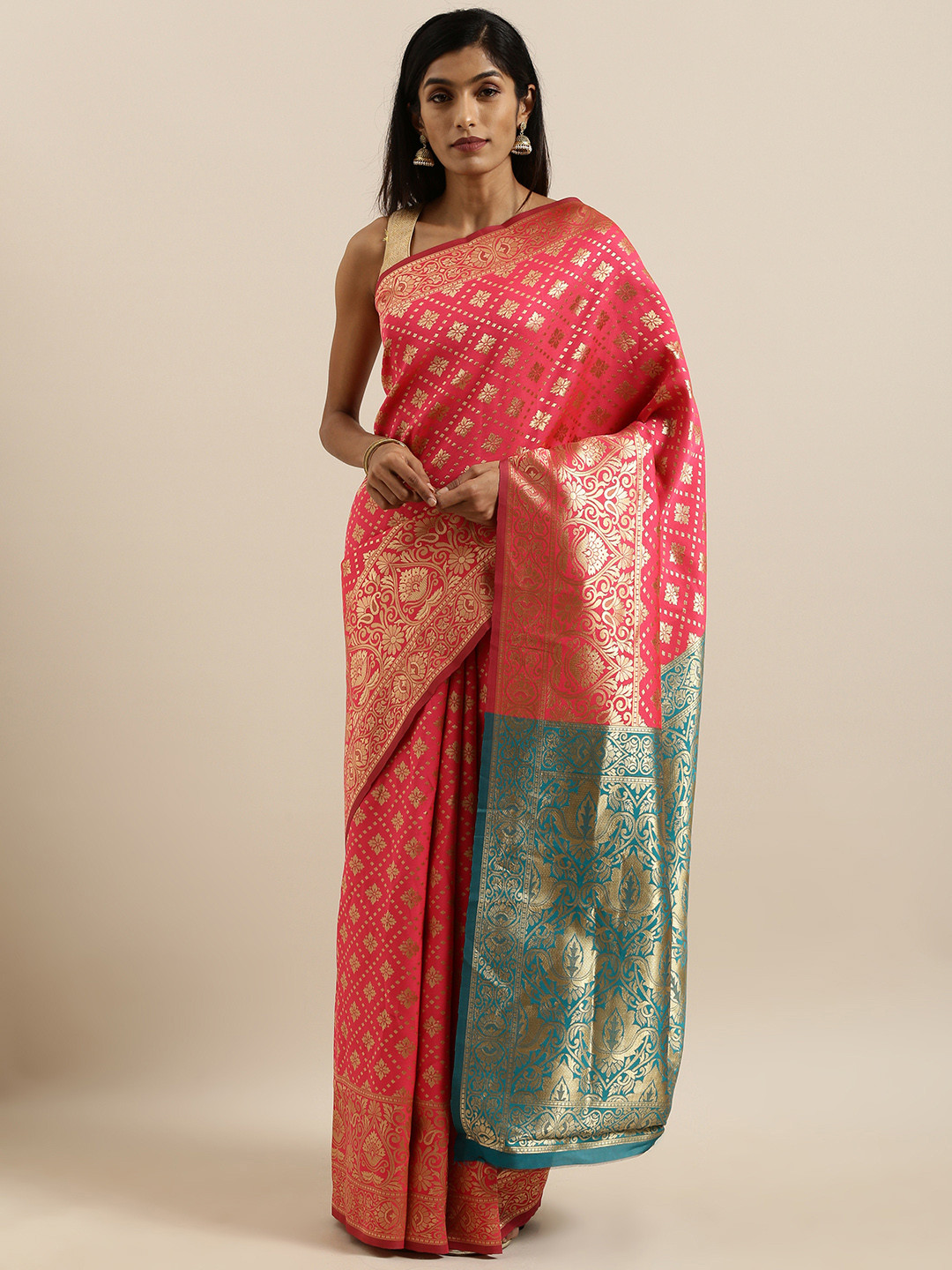 

SHAVYA Pink & Gold-Toned Pure Linen Woven Design Banarasi Saree