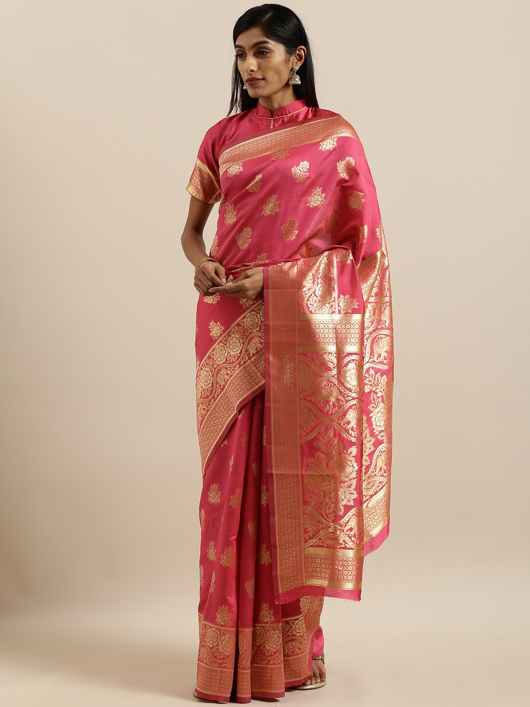 

SHAVYA Pink & Gold-Toned Pure Linen Woven Design Banarasi Saree