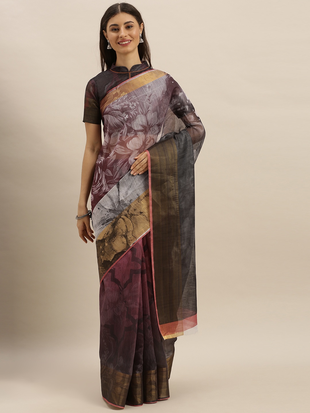 

SHAVYA Black & Brown Pure Linen Floral Printed Saree